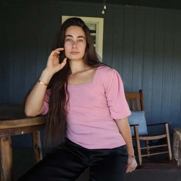 Cashmere Puff Sleeve Top Square Neck, Pink Cashmere Sweater w Silk Bow S,M,L,XL - Picture 2 of 9